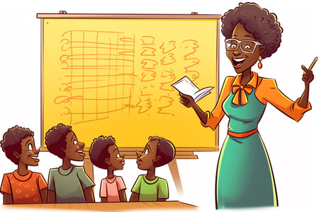 Teacher and pupils at the blackboard. Vector cartoon illustration.の素材