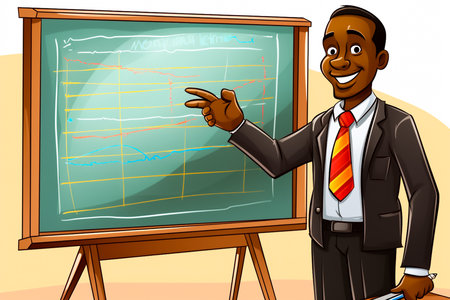 Vector illustration of a black businessman pointing at a graph on a blackboardの素材
