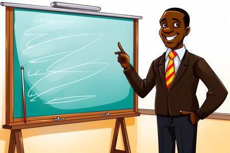 Vector illustration of a black teacher standing in front of a blackboardの素材