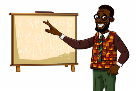 African american teacher presenting on the blackboard. Vector illustration.の素材