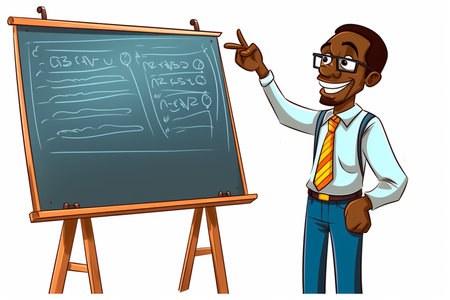 Vector illustration of a black teacher standing next to a blackboard.の素材