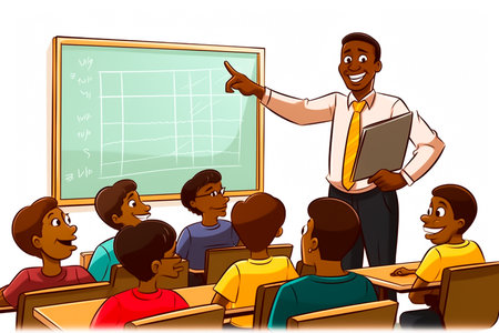 Teacher at the lesson in the classroom. Vector cartoon illustration.の素材