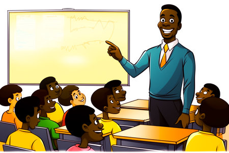 Vector illustration of a teacher teaching a group of students in a classroomの素材