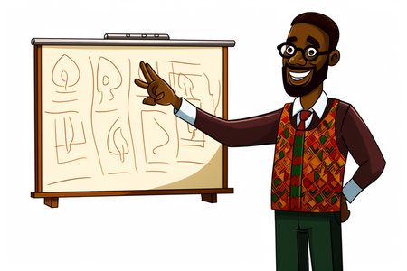 African american teacher with a whiteboard. Vector cartoon illustration.の素材