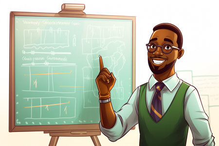 African american teacher with blackboard in classroom. Vector illustration.の素材