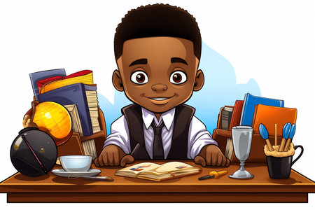 Schoolboy sitting at the table with books and a cup of coffeeの素材