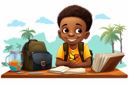 Illustration of a happy school boy reading a book on a white backgroundの素材