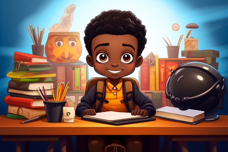 Vector illustration of Black schoolboy sitting at his desk in the classroomの素材