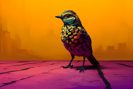 colorful bird on the floor with cityscape background,illustrationの素材