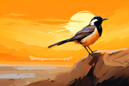 Bird on the cliff at sunset. Vector illustration of a bird.の素材