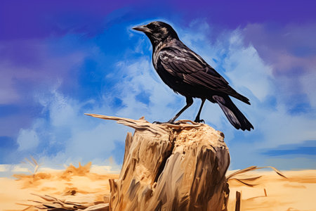 Black crow on a tree stump in the desert. Drawing.の素材