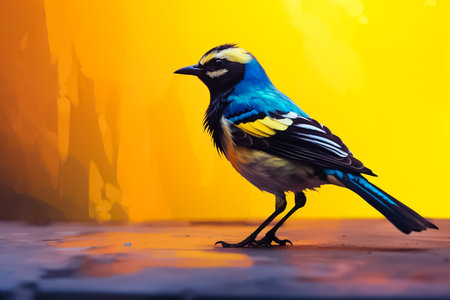 Colorful bird on the background of an orange-yellow wall.の素材