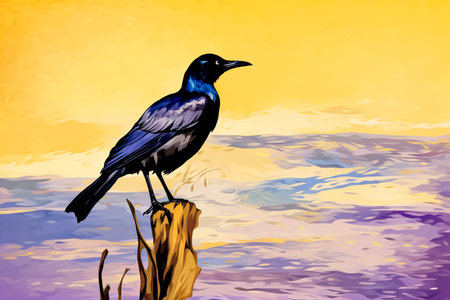 illustration of a crow sitting on a branch on a background of the seaの素材