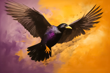 Black crow flying on colorful watercolor background. Digital painting. Drawing.の素材