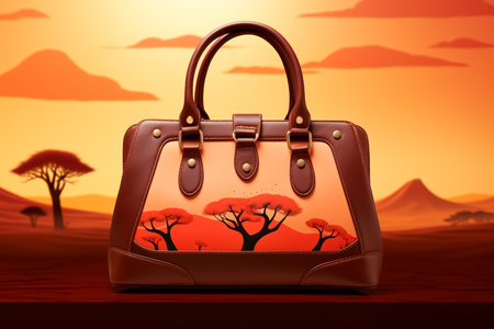 Illustration of a beautiful leather handbag in the desert at sunsetの素材