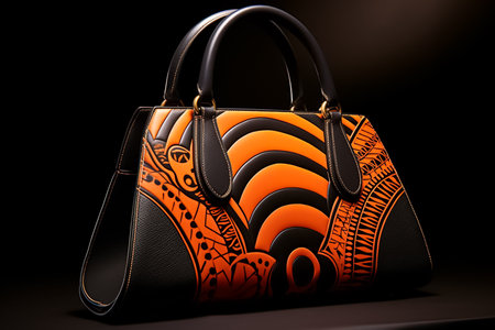 Elegant black and orange handbag on a black background.の素材