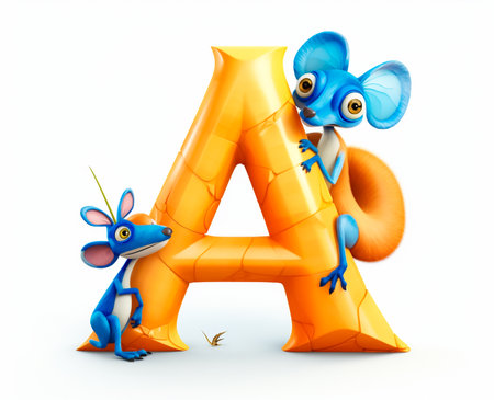 Cartoon character of alphabet A with mouse on a white background.の素材