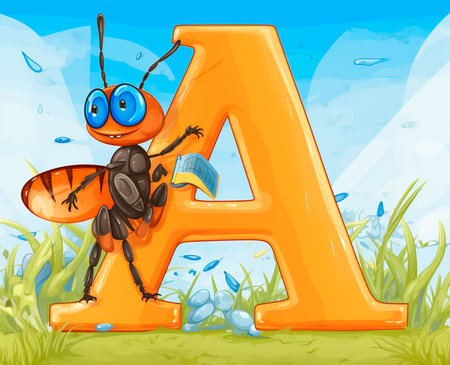 Illustration of an orange letter A with a bee on nature backgroundの素材