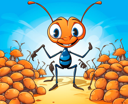 Vector illustration of Cartoon funny ant on the background of orange mushrooms.の素材