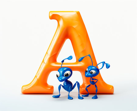 illustration of blue ant with orange letter A on a white backgroundの素材
