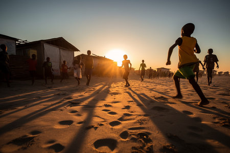 Silhouette of children playing soccer on the beach at sunset.の素材