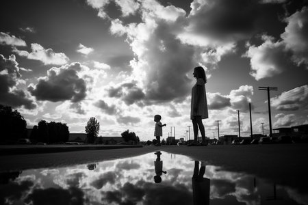 Black and white photo of a little girl in a blue coat standing in a puddle on the street.の素材