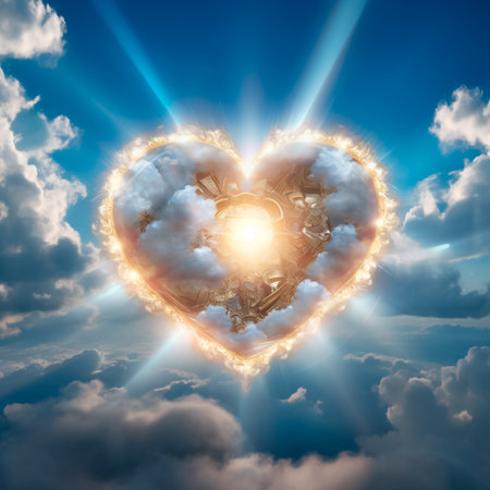 Heart in the sky with rays of light. 3d illustration.の素材