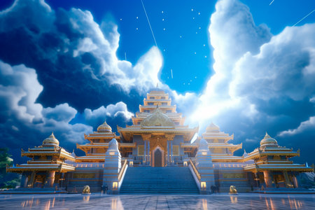 Temple in the blue sky with white clouds. 3d renderingの素材