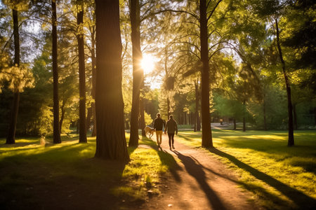 Couple with dog walking in the park at sunset, back viewの素材