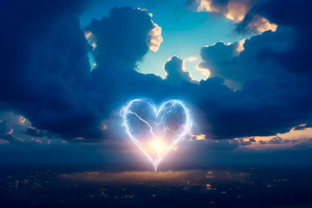 Heart shape with lightning on cloudy sky background. valentines day conceptの素材