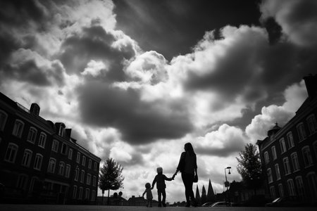 Silhouette of mother and son in the city. Black and white photo.の素材