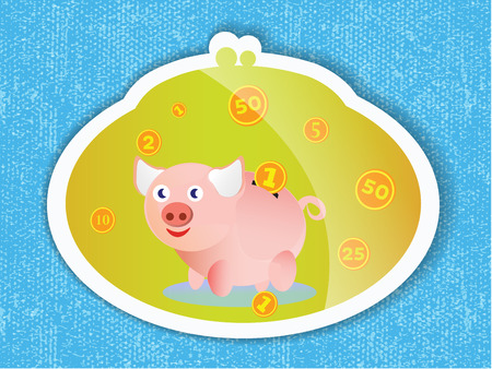 Piggy bank with coins and a pink piglet on a blue background. Illustrationのイラスト素材