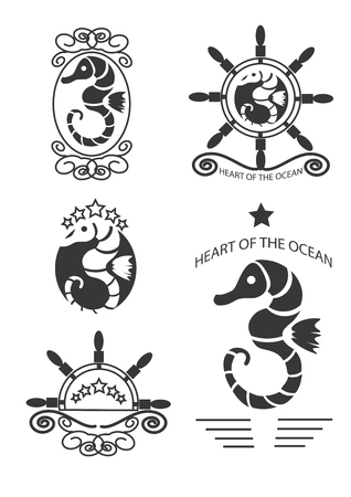 Set of vintage seahorse labels, emblems and design elements. Vector illustrationのイラスト素材