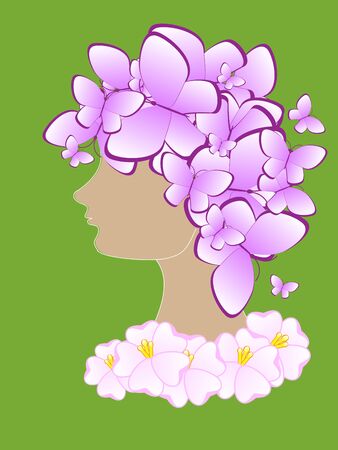 Beautiful abstract silhouette of a girl with butterflies and flowers on his head. Vector illustrationのイラスト素材