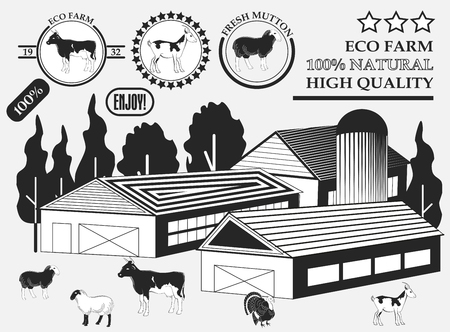 Set of premium Cow, goat, lamb, turkey, beef labels on the farm, badges and design elements. Vector illustrationのイラスト素材
