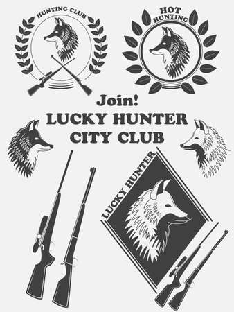 Vintage label with a fox, weapons for lucky hunting club. Vector illustrationのイラスト素材