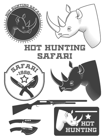 African hunter safari labels, rhinoceros emblems and design elements. Vector illustrationのイラスト素材