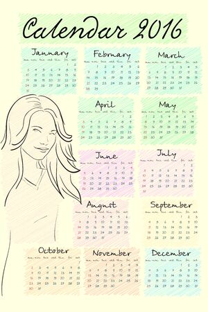 2016 calendar with cute girl. It can be used as greeting cards. Sketch drawing style. Vector illustrationのイラスト素材
