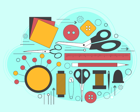 Set of accessories for sewing and handmade paper card with dressmaking accessories. Line art. Vector illustrationのイラスト素材