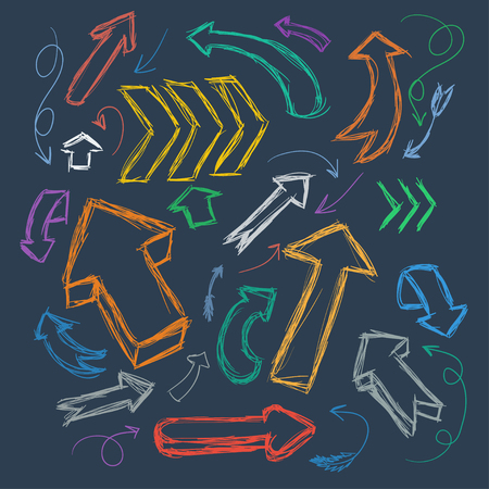 Collection of scribble arrows hand-drawn on a dark background. Vector illustrationのイラスト素材