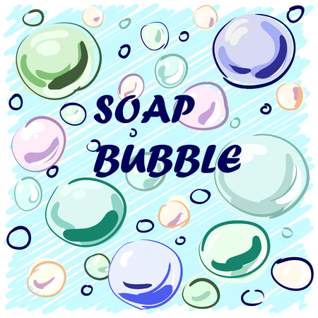 Colored soap bubbles hand-drawn on a blue background for your design. Vector illustrationのイラスト素材
