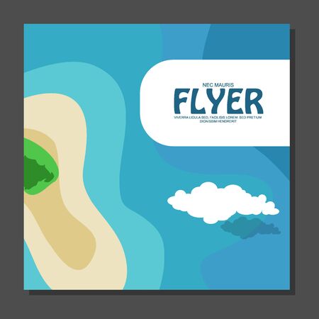Flyer in flat style with a map of the island to travel and vacation on yacht with clouds in the sky. View from the birds flight. Vector illustrationのイラスト素材