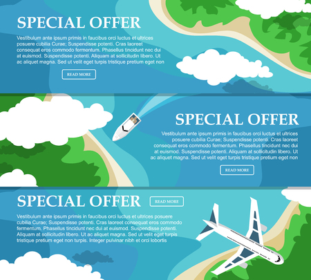 Three horizontal banner with the sea and the islands for your advertising. Flat style. Vector illustrationのイラスト素材