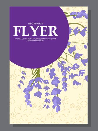 Violet flowers on a flyer. Can be used as greeting cards or wedding invitation. Vector illustrationのイラスト素材