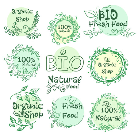Set of logotypes elements hand-drawn bio, organic, natural food for your design. Vector illustrationのイラスト素材
