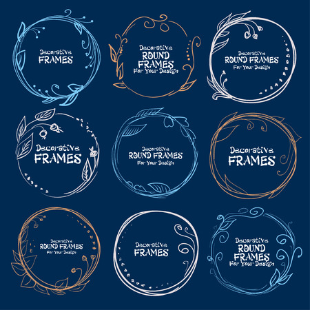 Set of decorative frames hand-drawn on a blue background. Vector illustrationのイラスト素材