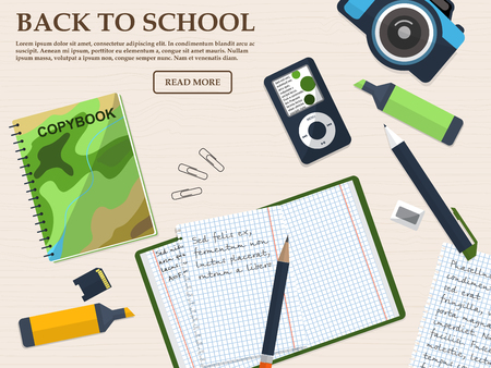 Working student desk with copybook and stationery. With place for your text. Vector illustrationのイラスト素材