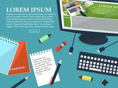 Working student table with place for your text. Flat background. Vector illustrationのイラスト素材