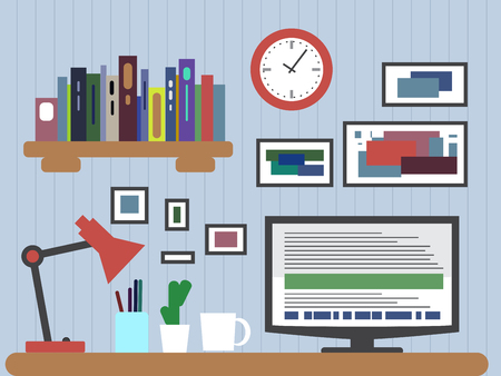 Flat design of modern office interior with designer desktop showing design application with interface icons and elements in minimalist style and color. Vector illustrationのイラスト素材