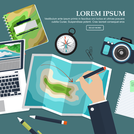 Travel planning. Vector illustration in a flat style. Traveller table. Vector illustrationのイラスト素材